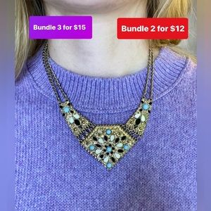 Gold Geometric Francesca’s Necklace with White, Navy, and Blue gems